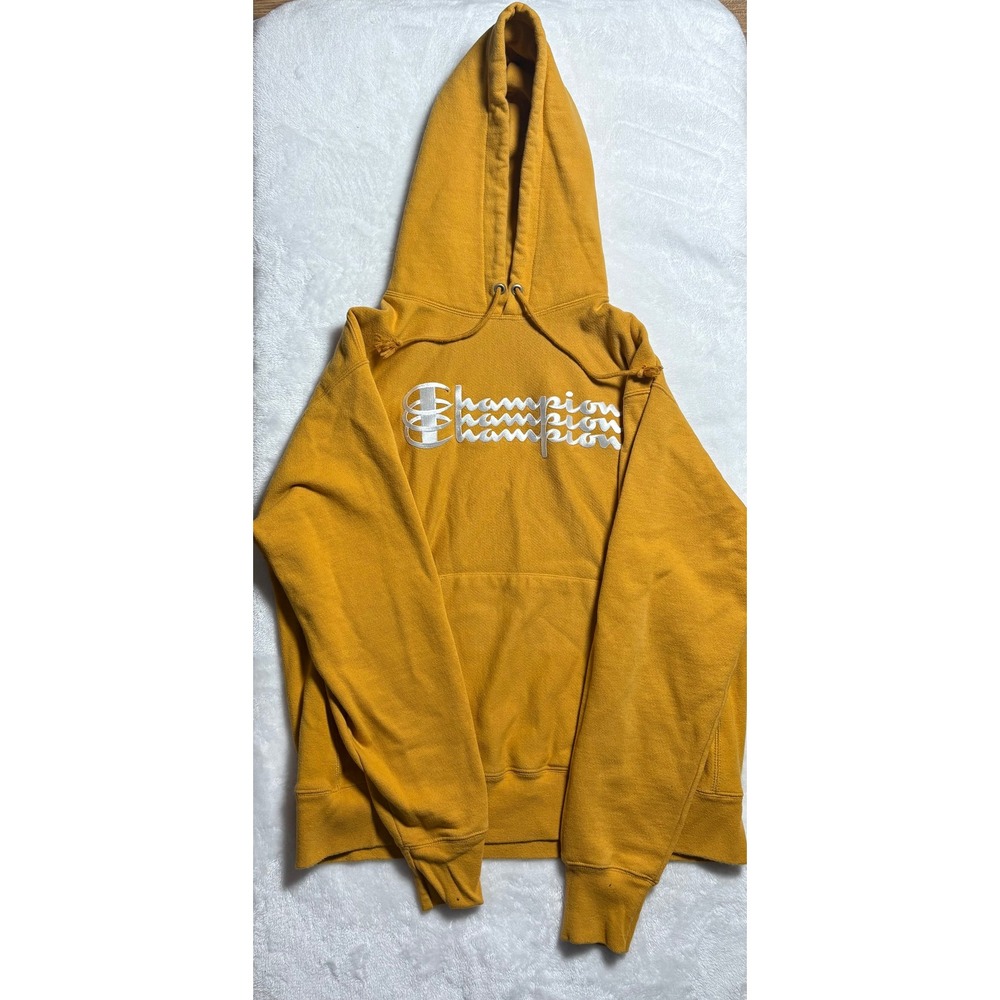 Champion Reverse Weave Hoodie Mens Large Mustard Gold Yellow Metallic Logo Sweat